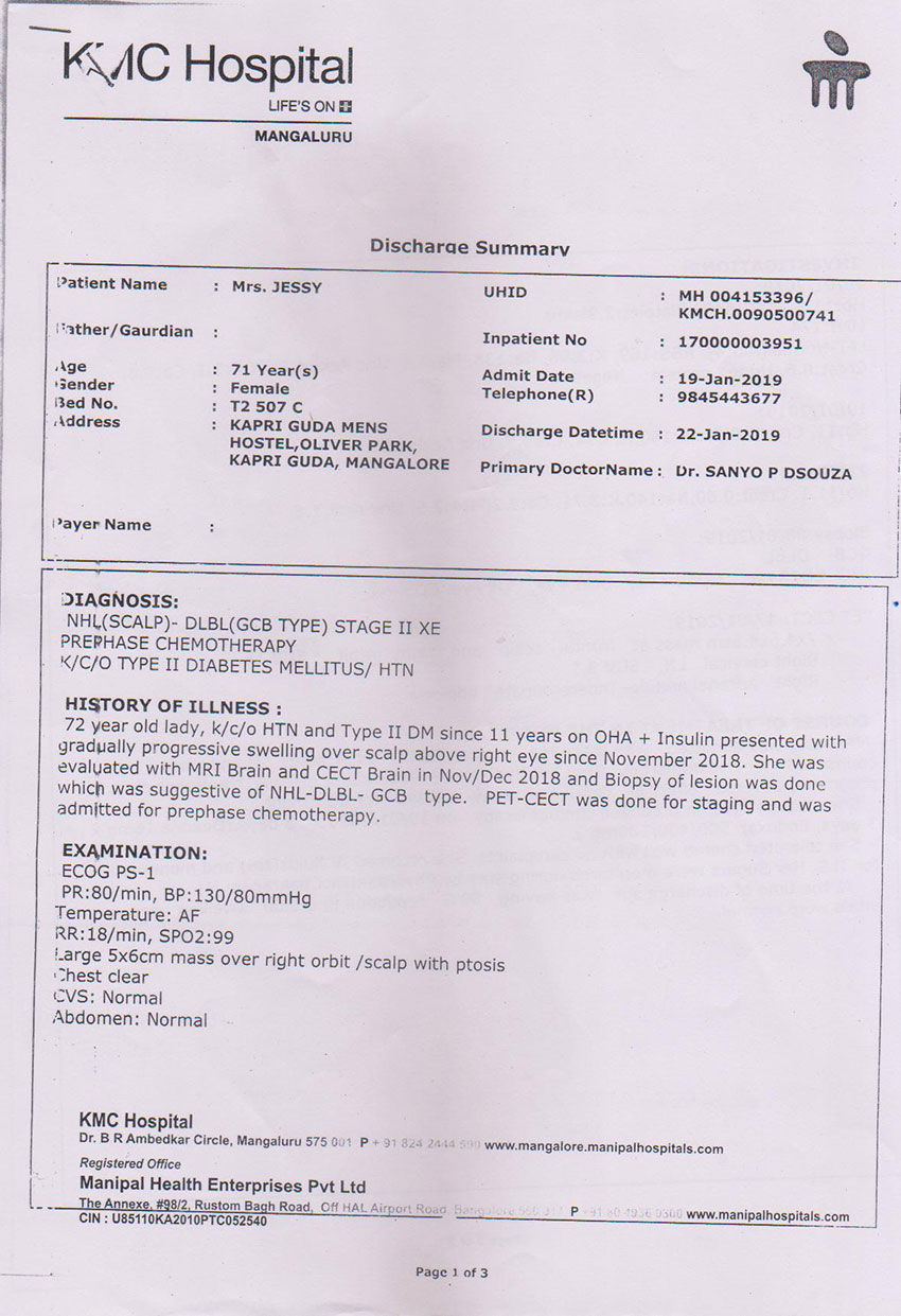 Help Jessy Dais (71) of Mangalore for her Hodgkin Lymphoma Chemotherapy as they are financially inferior. They have requested for monetary help through the Grace Ministry Charity Help Platform.   